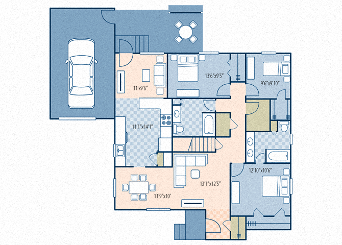 Floor plan for 3 beds, 2 baths, 1319 sqft